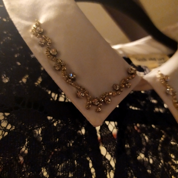 Faith and Joy blouse, rhinestone embellished collar, lace, navy, size small - Picture 1 of 4